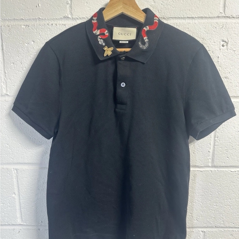 Gucci Kingsnake Golden Bee Black Polo with Embroidered Collar